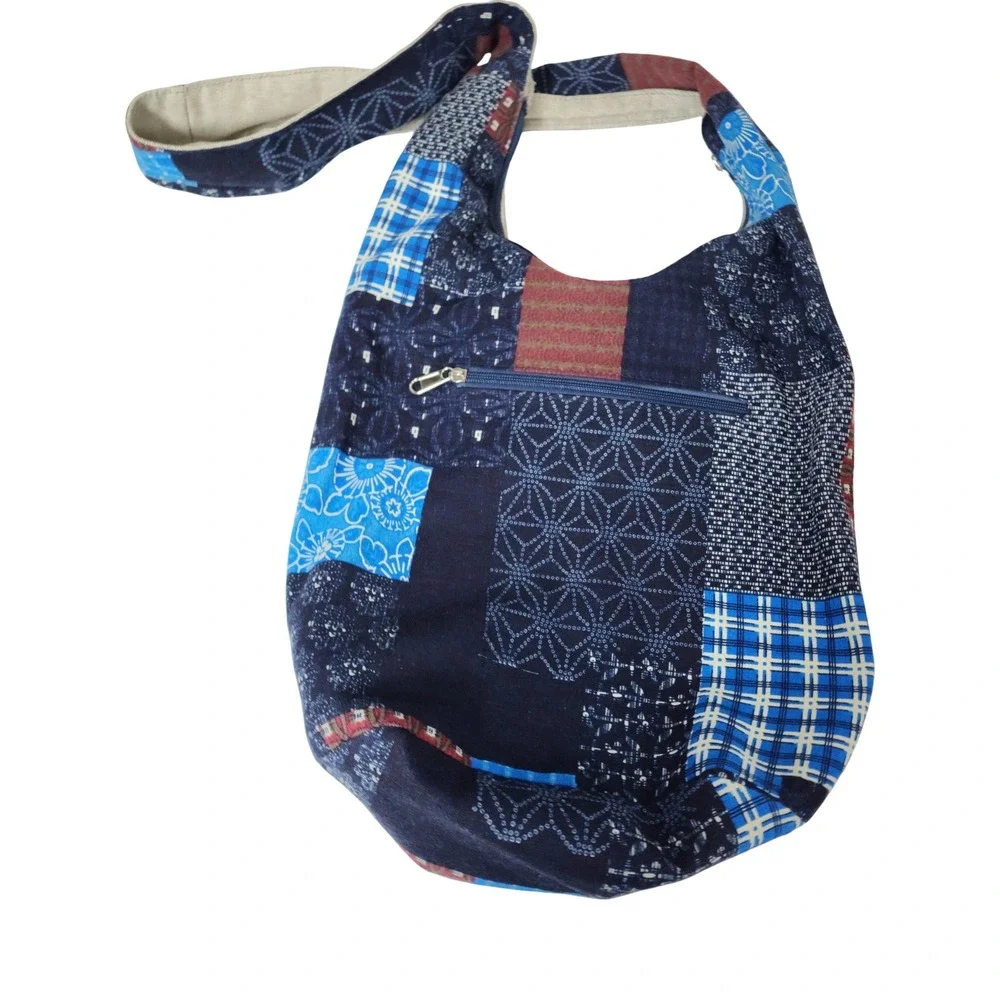 Indigo Patchwork Hobo Bag Blue Cotton Canvas Crossbody Boho Sashiko Style